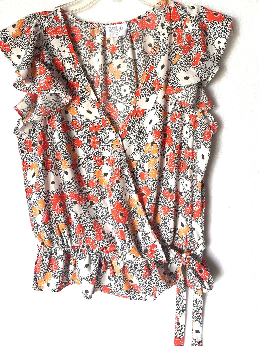 Sienna Sky Floral Wrap Top in Orange & Cream Sz M Flutter Sleeves